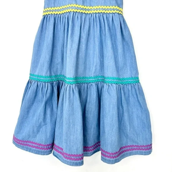 Hanna Andersson chambray denim jean jumper dress 140/10 rickrack blue yellow red - Picture 4 of 15